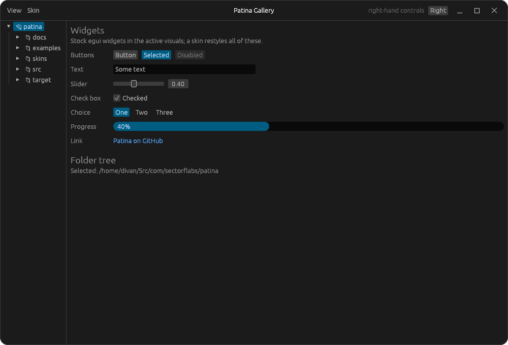 The Patina gallery in egui's stock dark visuals: a header bar with View and Skin menus, a folder tree and a panel of widgets